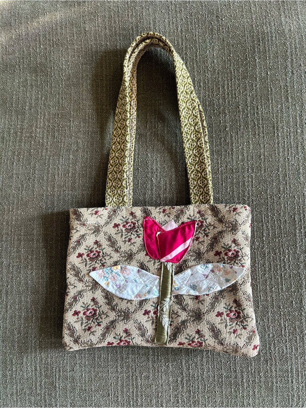 Handmade Floral Appliqué Tote Bag in Beige and Pink